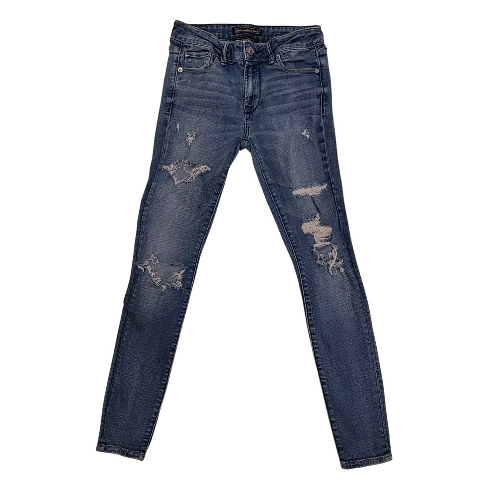 Abercrombie Fitch Jean Strech Blue Denim Skinny Whiskered Women 25x28 Distressed